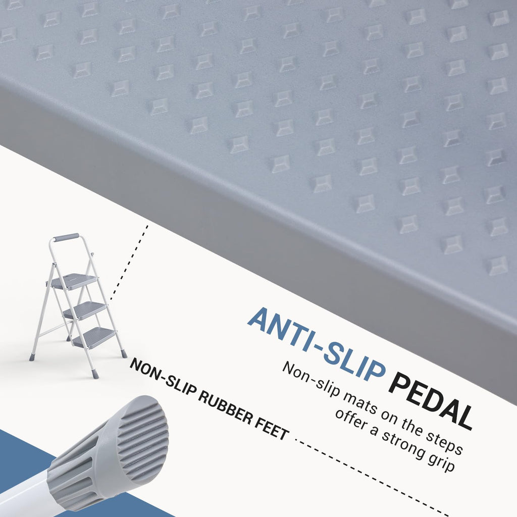 3 Step Ladder with Anti-Slip Pedal and Handrail, 800lbs, Grey I349938