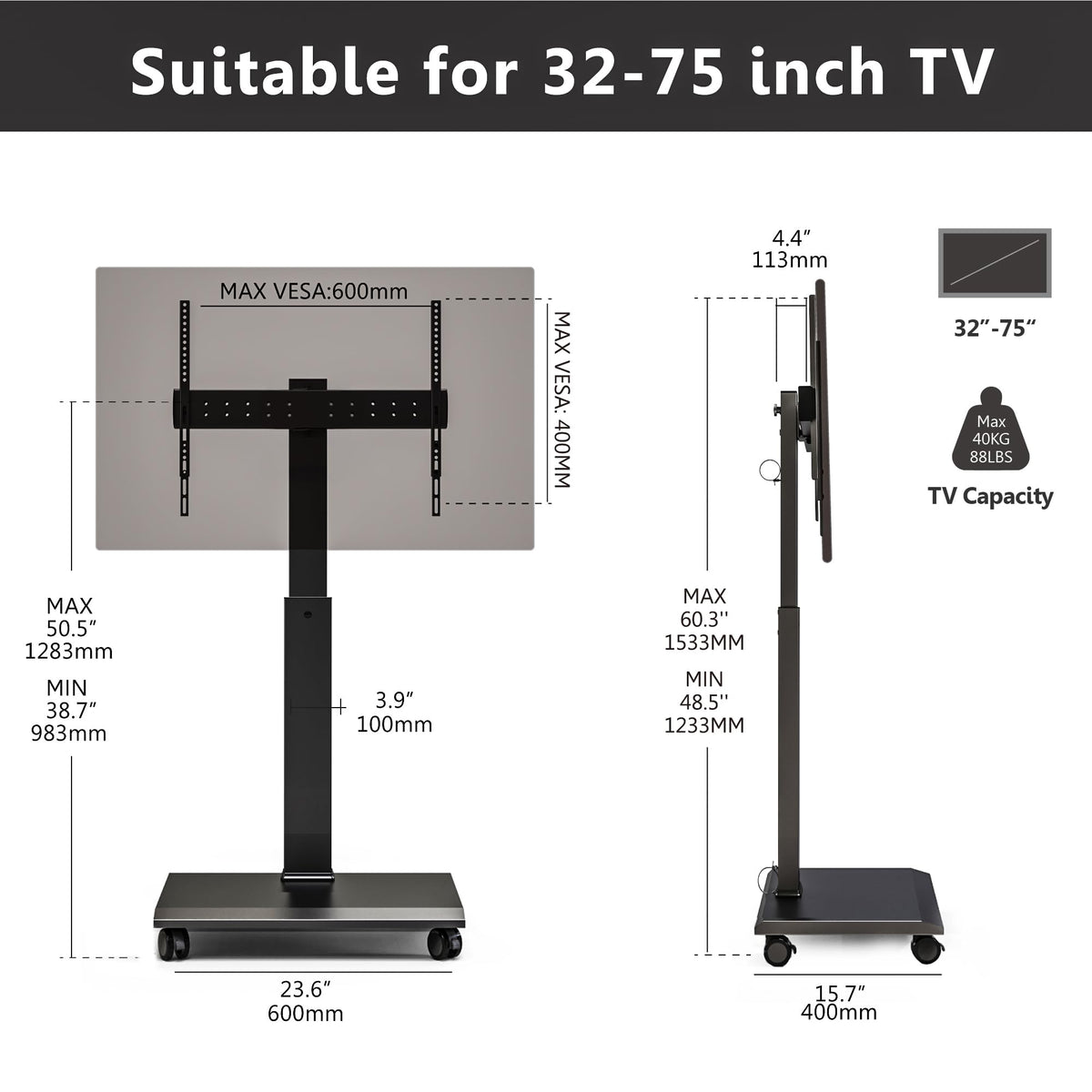 Rolling TV Stand with Rotation Function for 32-75 Inch TVs, Black N14783