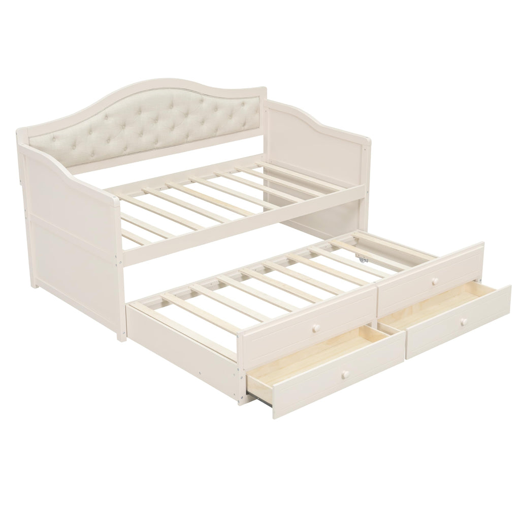 Beige Twin Size Wooden Daybed with Trundle and 2 Drawers S15396