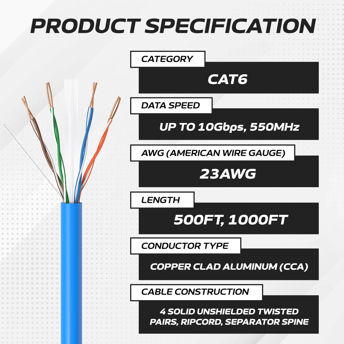 CAT6 Cable 1000ft Solid Ethernet LAN UTP Cable 23AWG 550Mhz RJ45 CCA Wire Blue Z6348