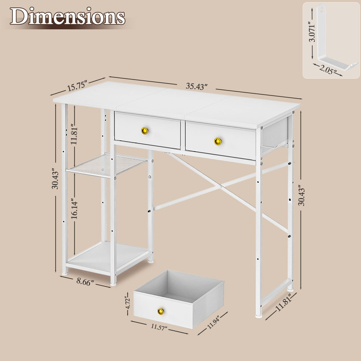 White 36 Inch Computer Desk with Drawers and Storage Shelves J2254