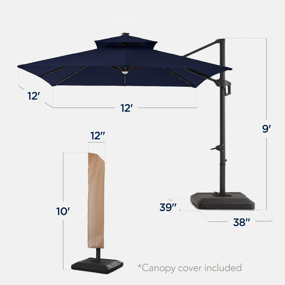 12x12ft LED Cantilever Patio Umbrella with Base and 360° Rotation Z47210