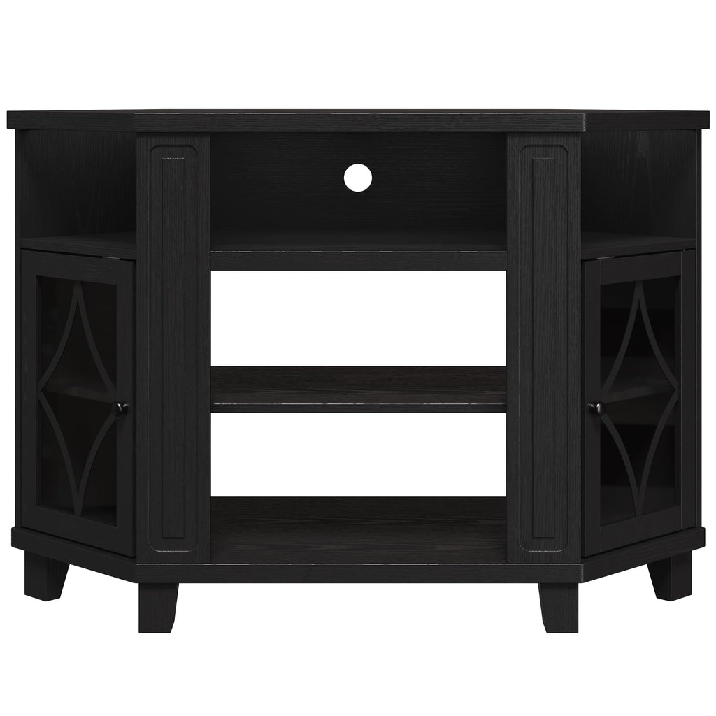 Corner TV Stand up to 55 Inch with Storage Wood Media Console Cabinet Satin Black T5784