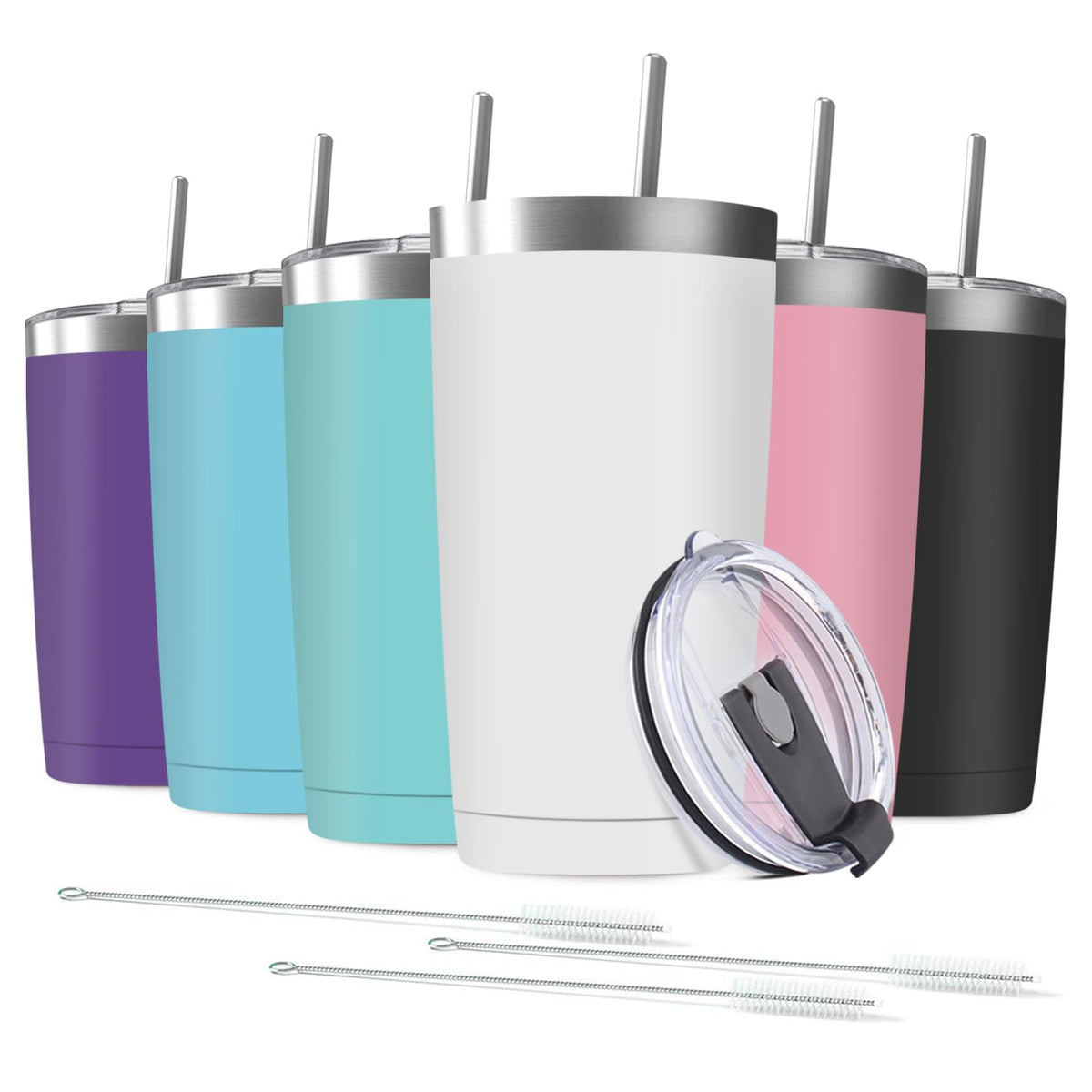 6 Pack 20 oz Stainless Steel Insulated Tumbler with Straw and Lid T598