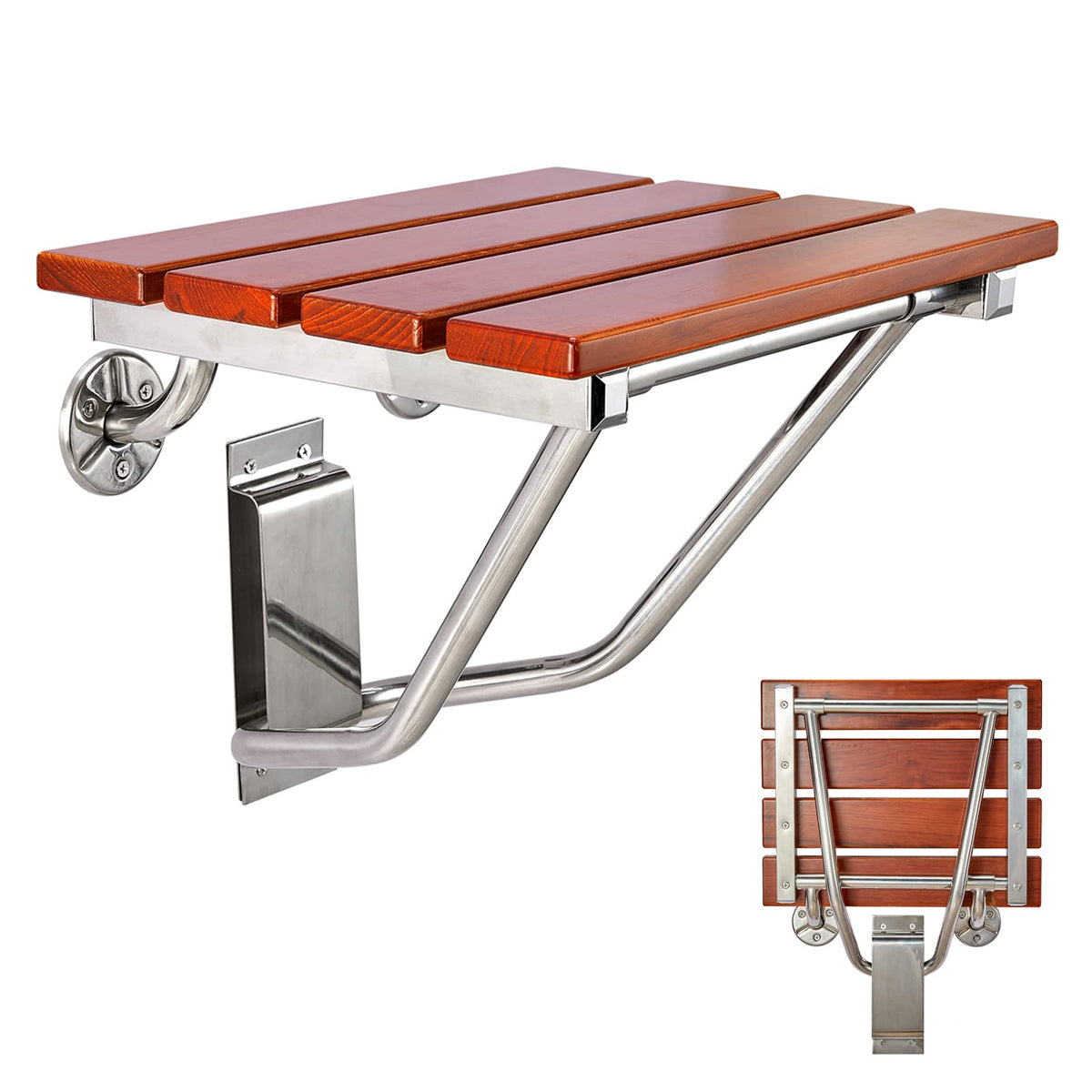 Teak Wood Wall Mounted Folding Shower Seat and Bench 350lb Capacity F3335