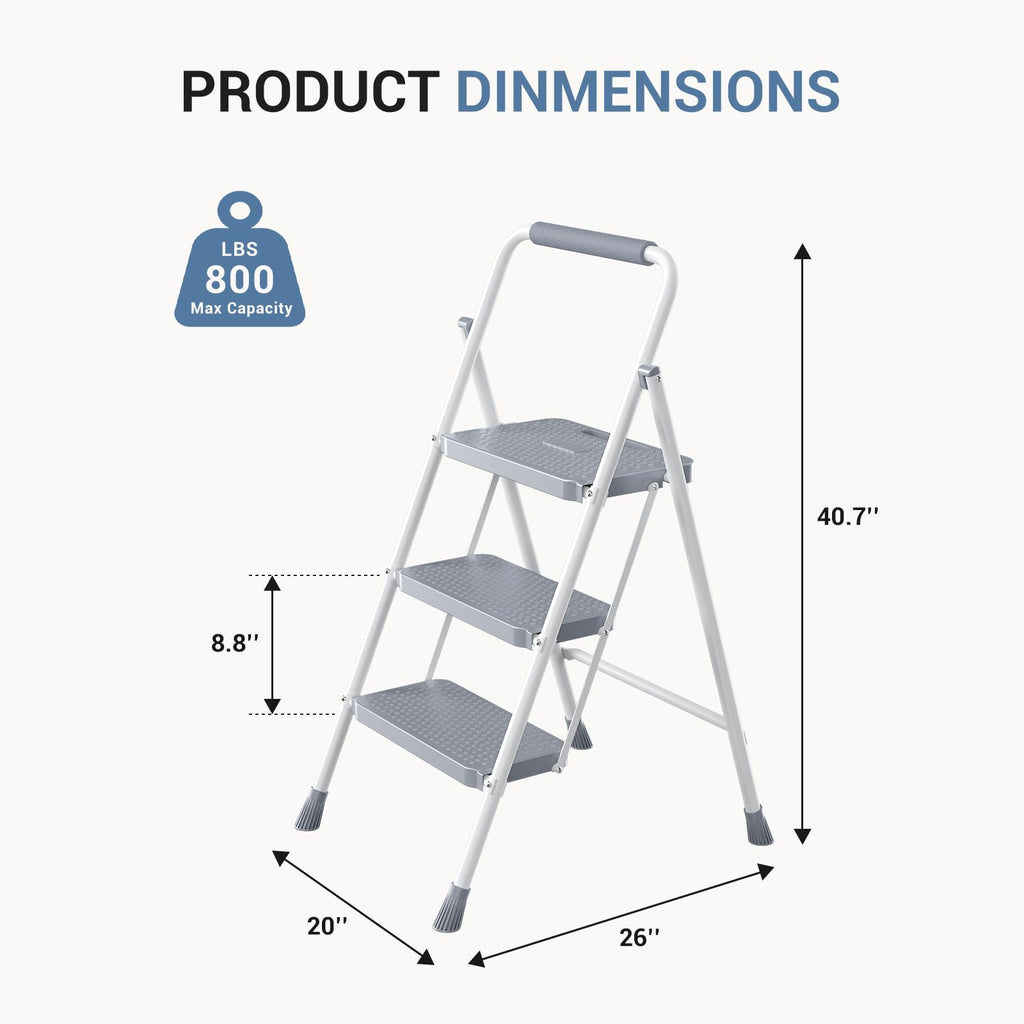 3 Step Ladder with Anti-Slip Pedal and Handrail, 800lbs, Grey I349938