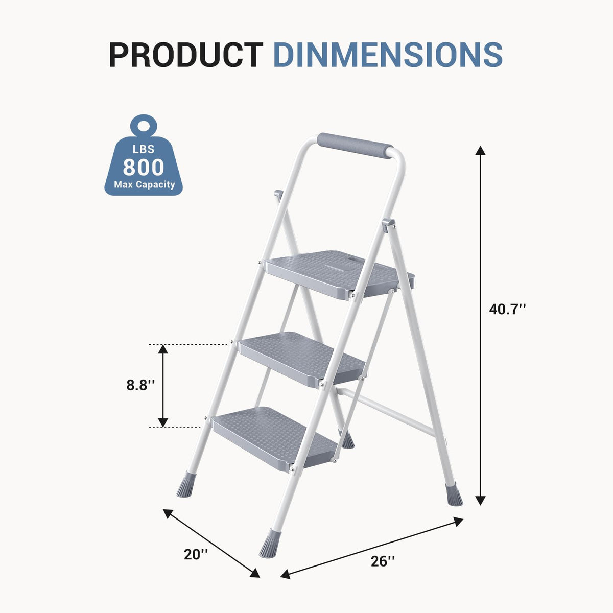 3 Step Ladder with Anti-Slip Pedal and Handrail, 800lbs, Grey I349938