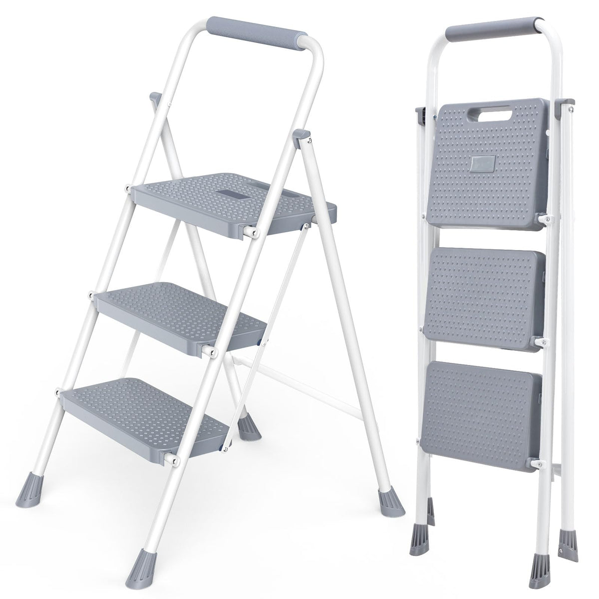 3 Step Ladder with Anti-Slip Pedal and Handrail, 800lbs, Grey I349938