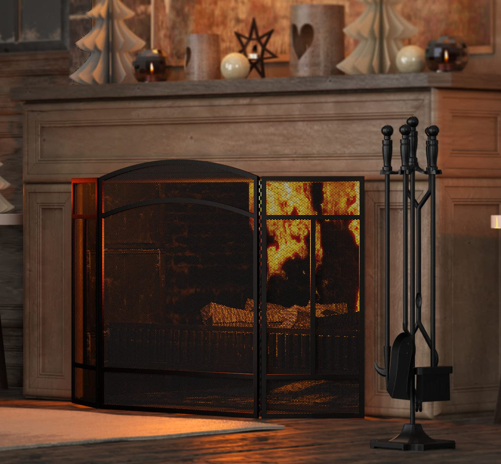 Black 3 Panel Wrought Iron Fireplace Screen T49739