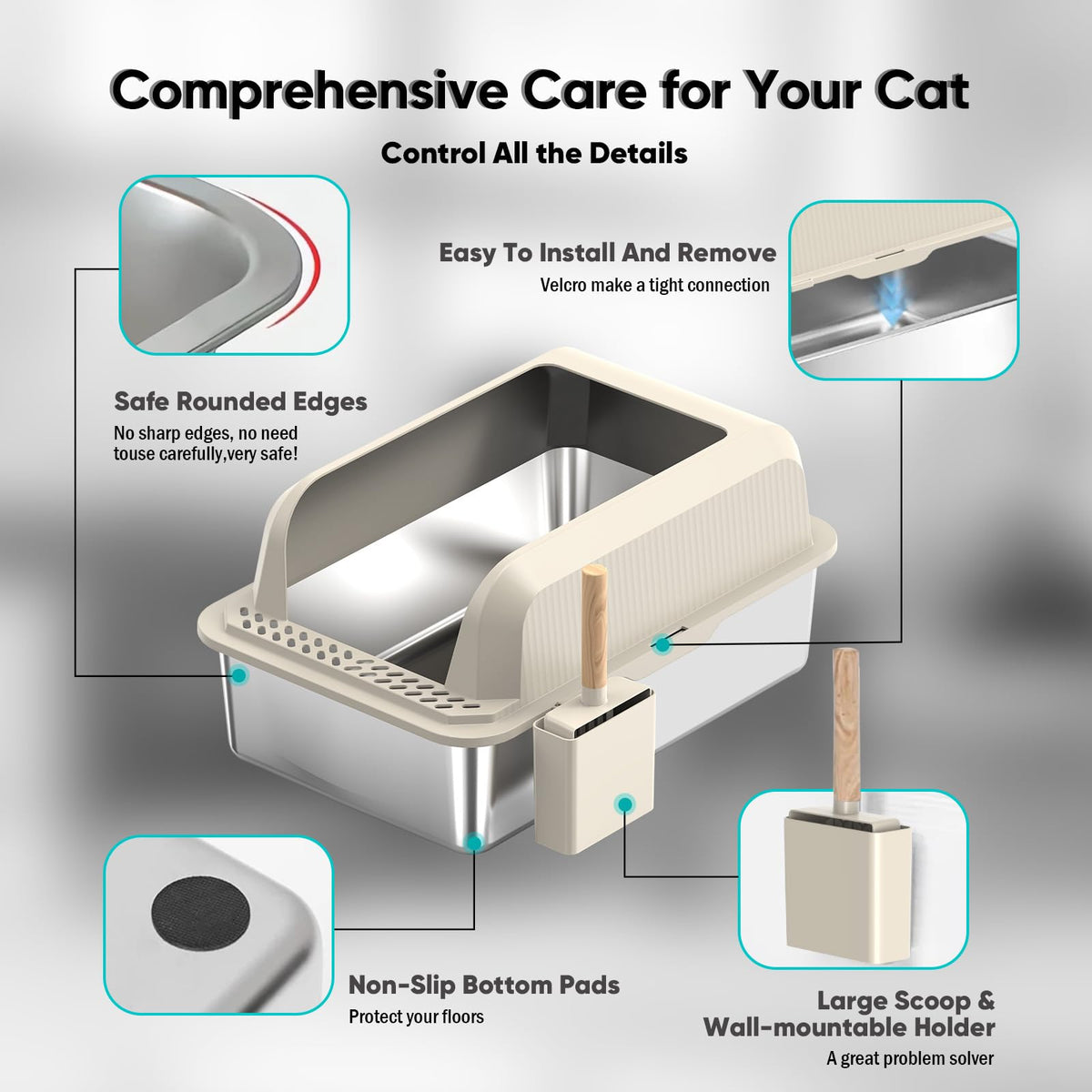 XL Stainless Steel Enclosed Cat Litter Box with Lid, Scoop and Mat V53029