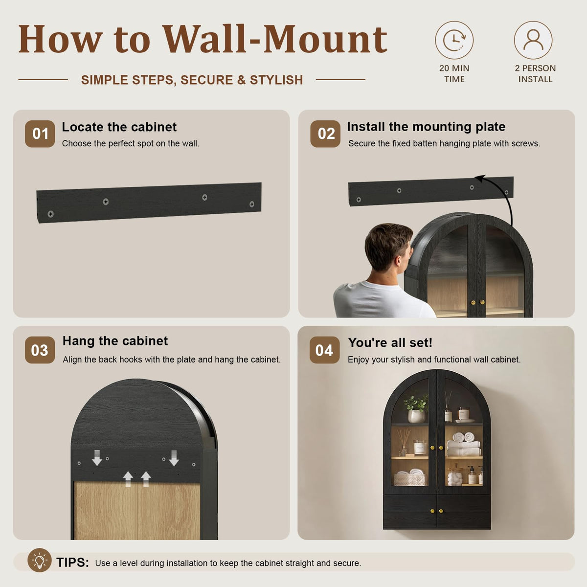 Black Arched Wall Mounted Cabinet with Glass Doors Y325379