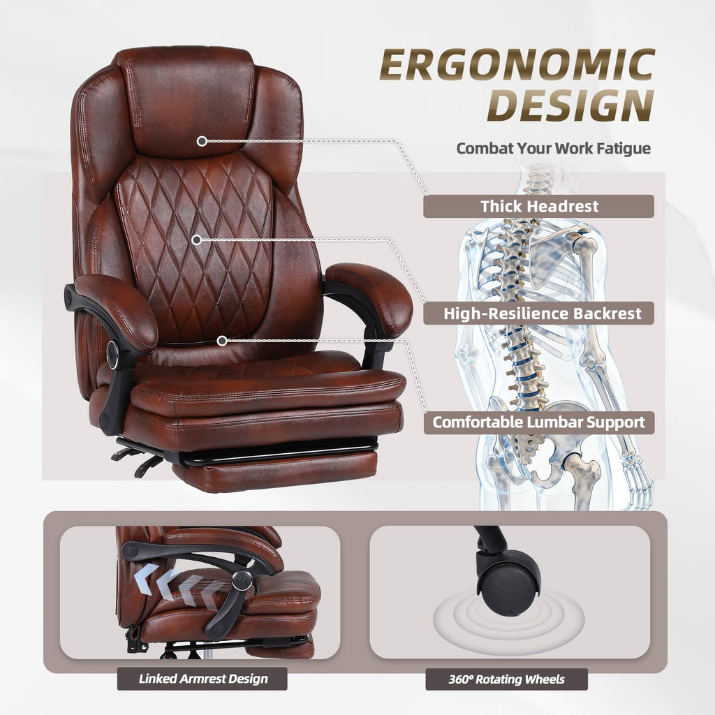 Big and Tall Brown PU Leather Reclining Office Chair with Foot Rest B770296