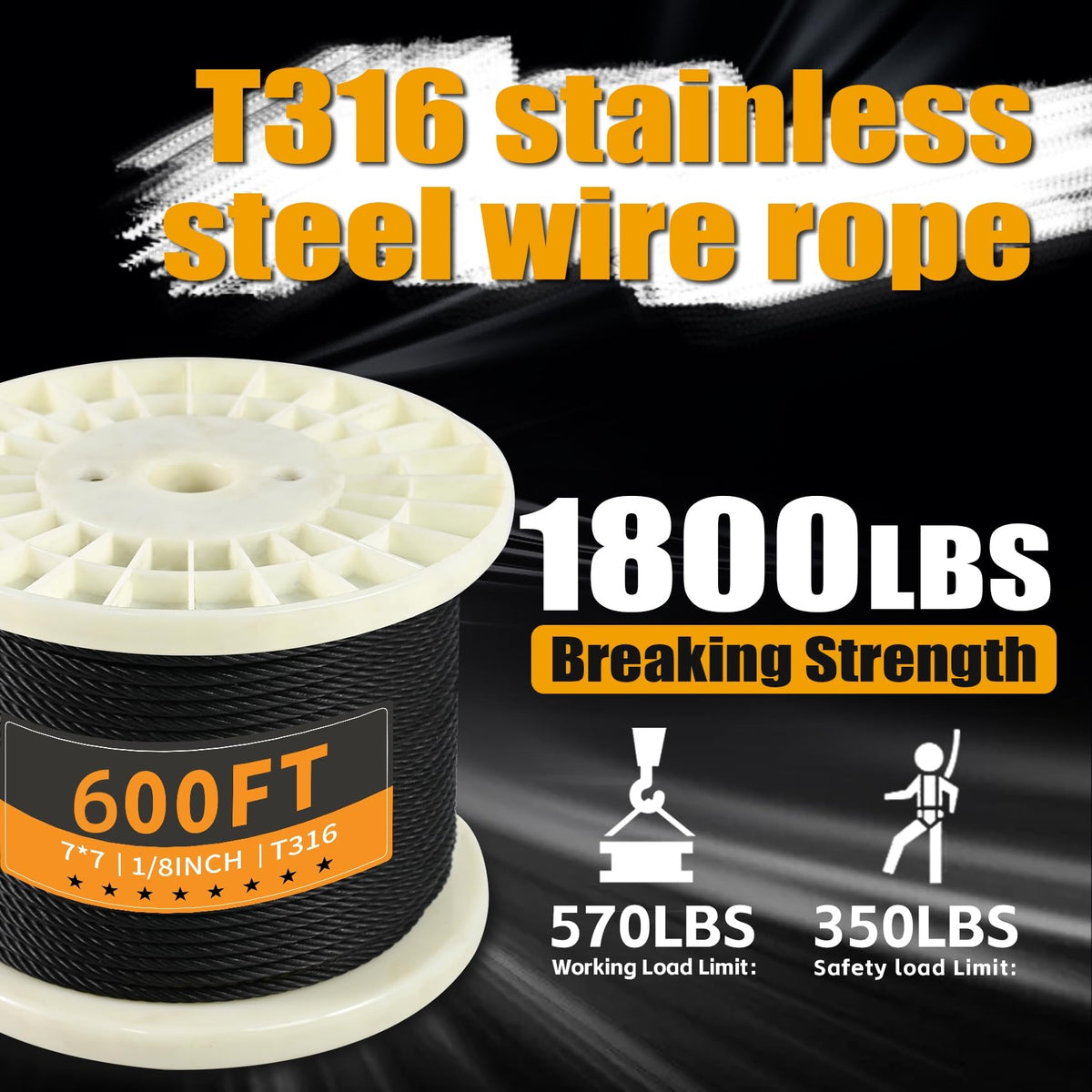1/8" Black T316 Stainless Steel Cable Railing 600 FT 7x7 Wire Rope J5135