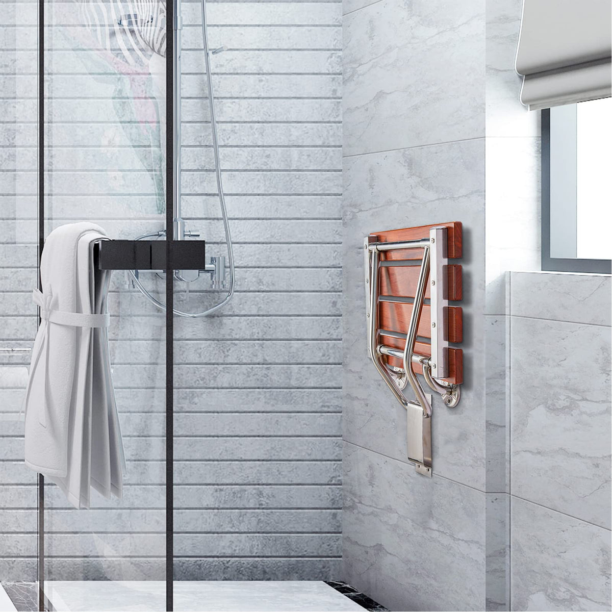 Teak Wood Wall Mounted Folding Shower Seat and Bench 350lb Capacity F3335