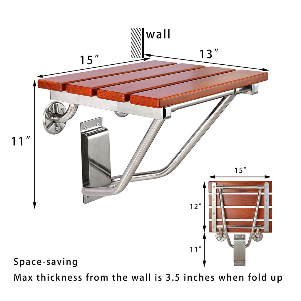 Teak Wood Wall Mounted Folding Shower Seat and Bench 350lb Capacity F3335