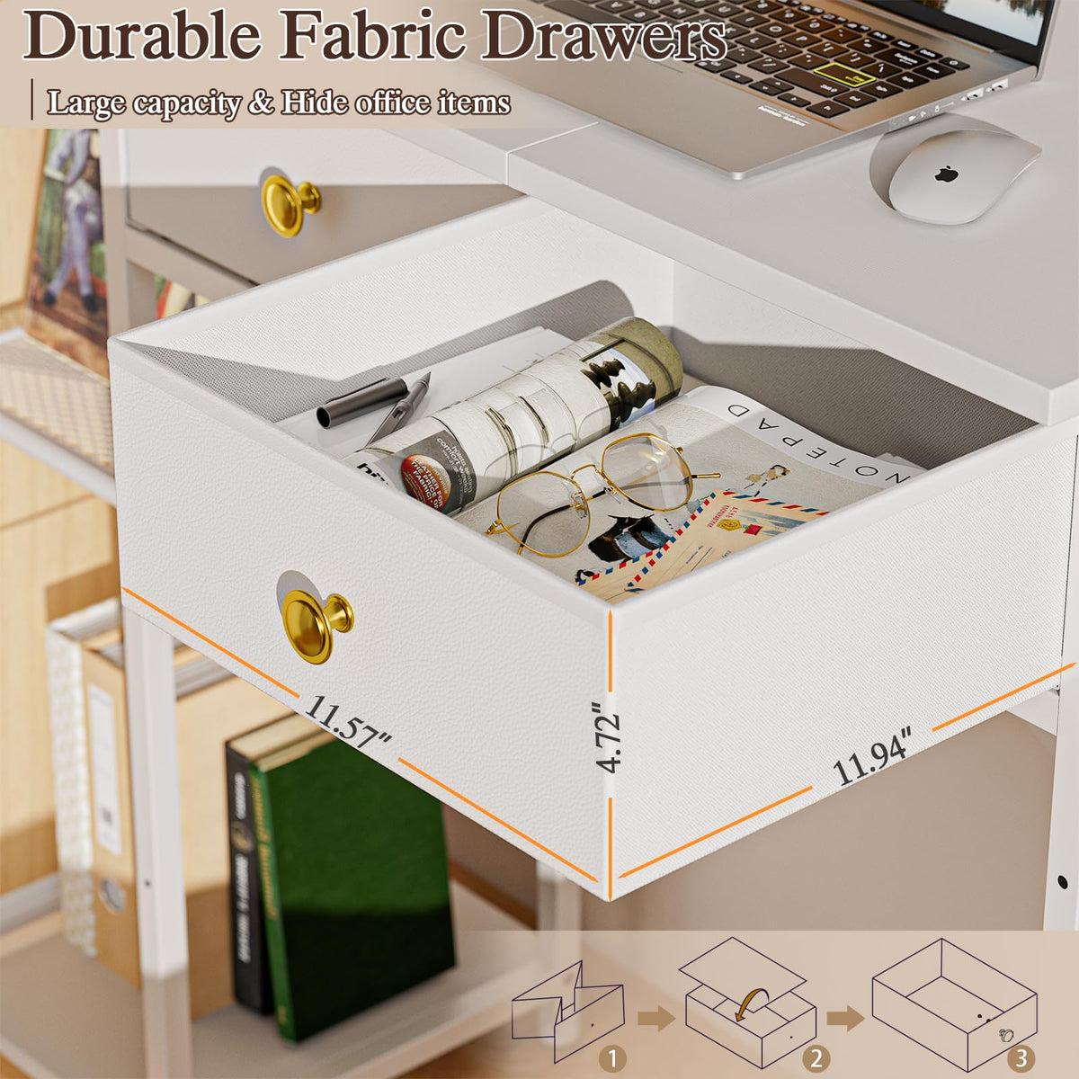 White 36 Inch Computer Desk with Drawers and Storage Shelves J2254