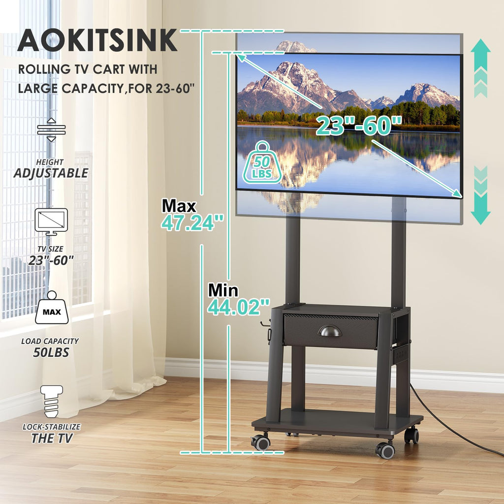 Rolling TV Stand with Power Outlet, Adjustable Height, for 23-60 inch Screens I703223
