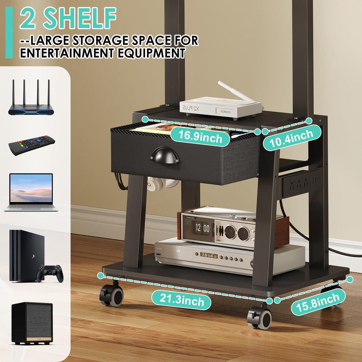 Rolling TV Stand with Power Outlet, Adjustable Height, for 23-60 inch Screens I703223