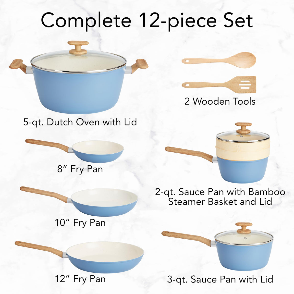 12-Piece Light Blue Ceramic Titanium-Infused Nonstick Cookware Set U118222