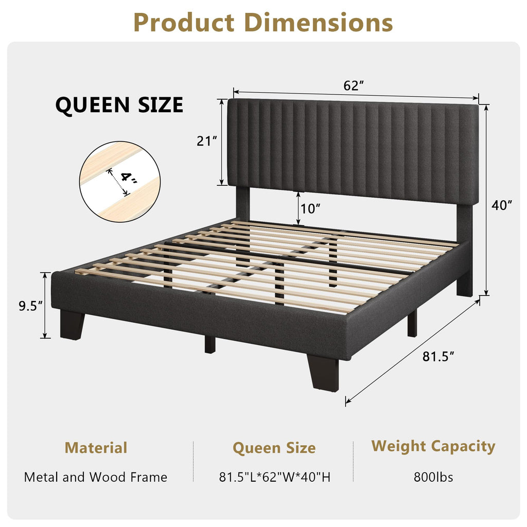 Queen Size Upholstered Platform Bed with Linen Headboard K95062