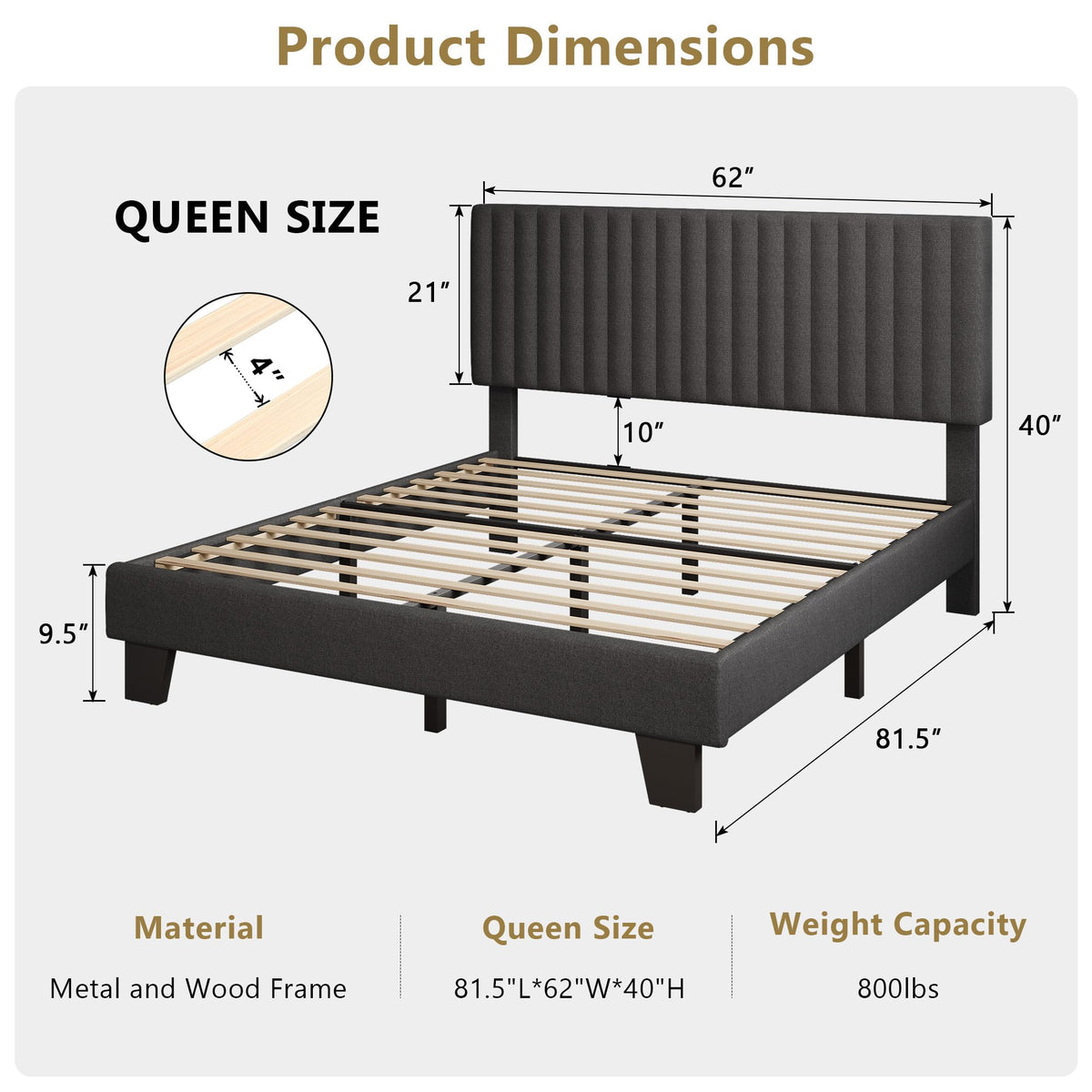Queen Size Upholstered Platform Bed with Linen Headboard K95062