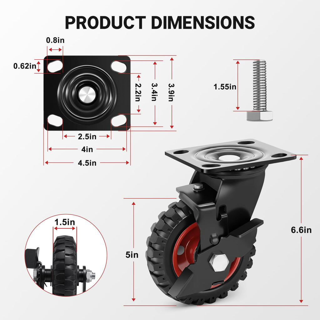 5 Inch Heavy Duty Rubber Casters Set of 4 with Brake G428860