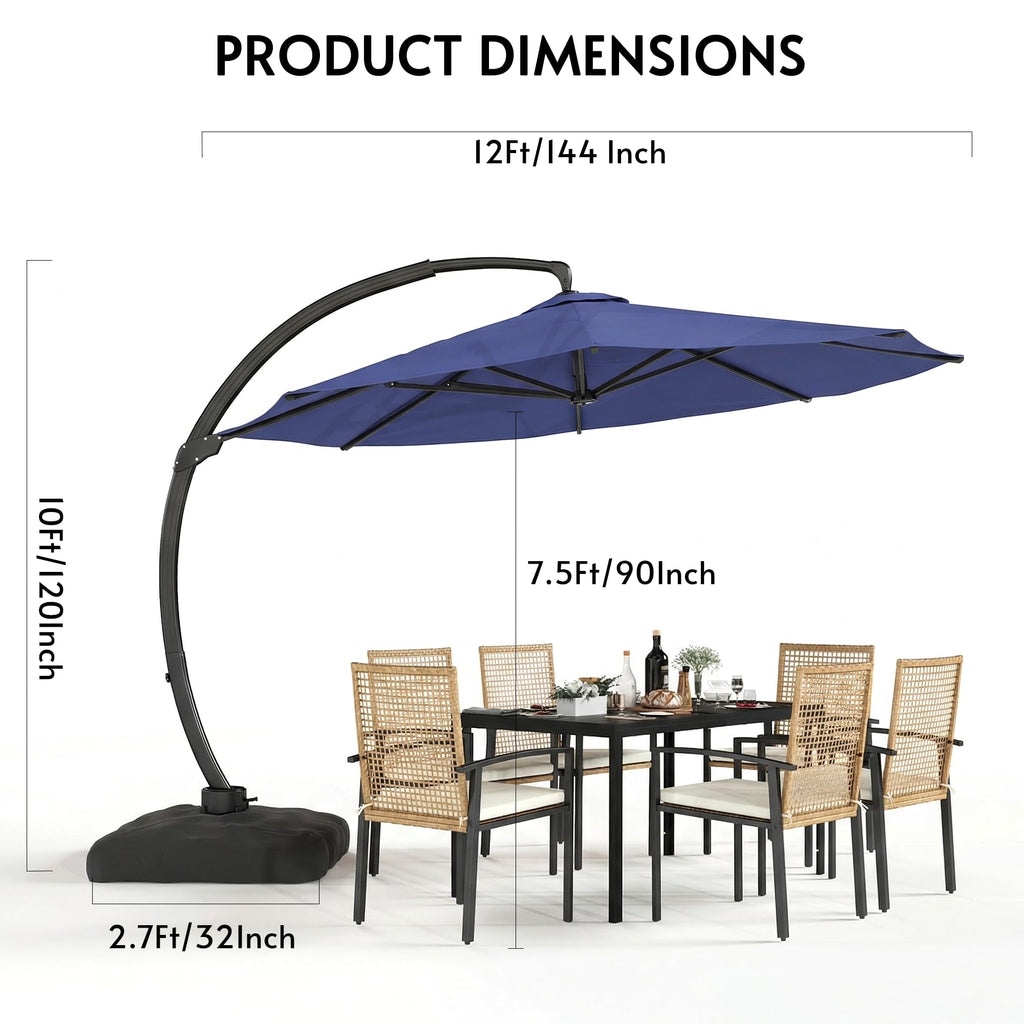 12FT Navy Blue Cantilever Patio Umbrella with Base Y630