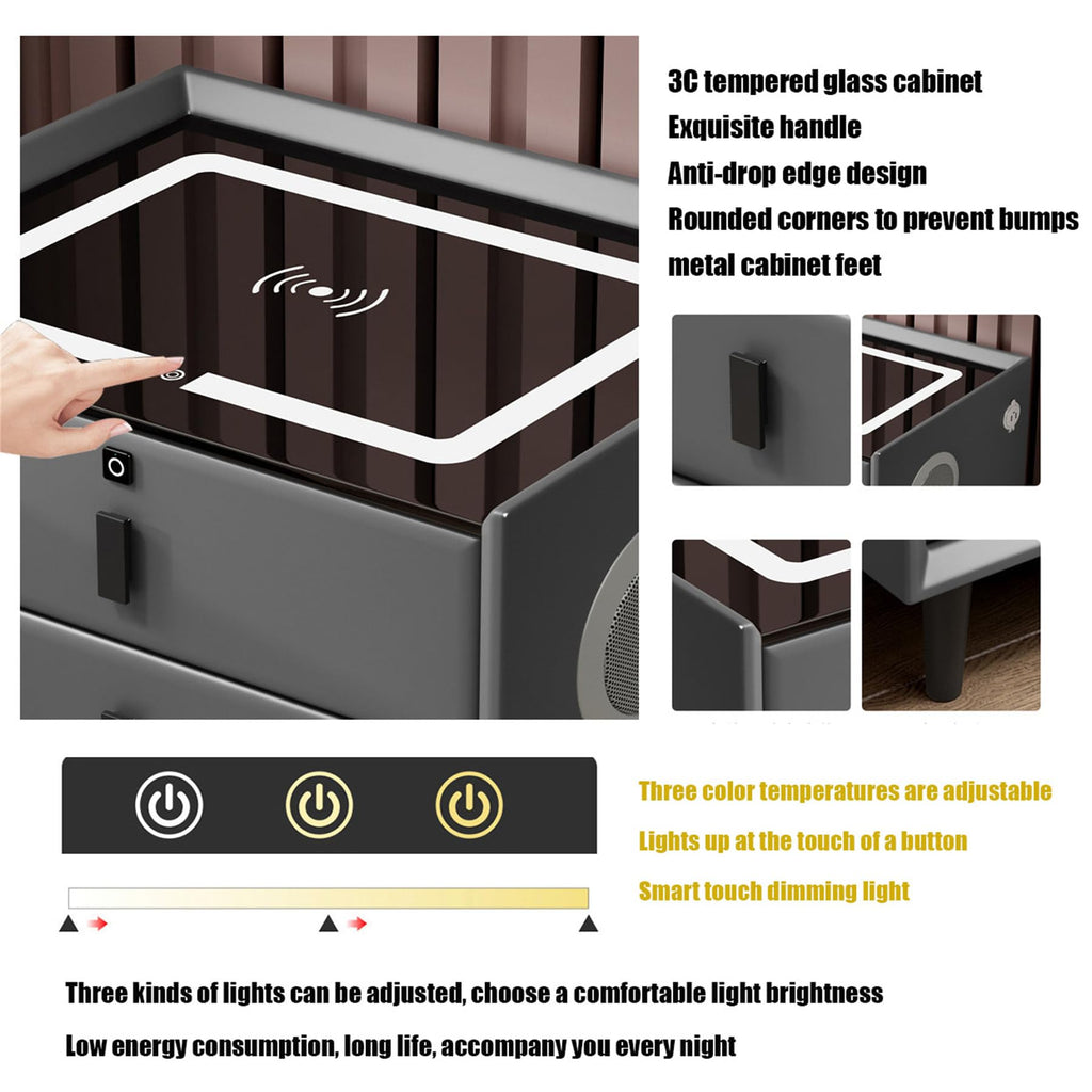 Smart Bedroom Nightstand with Fingerprint Lock and LED Lights K88456