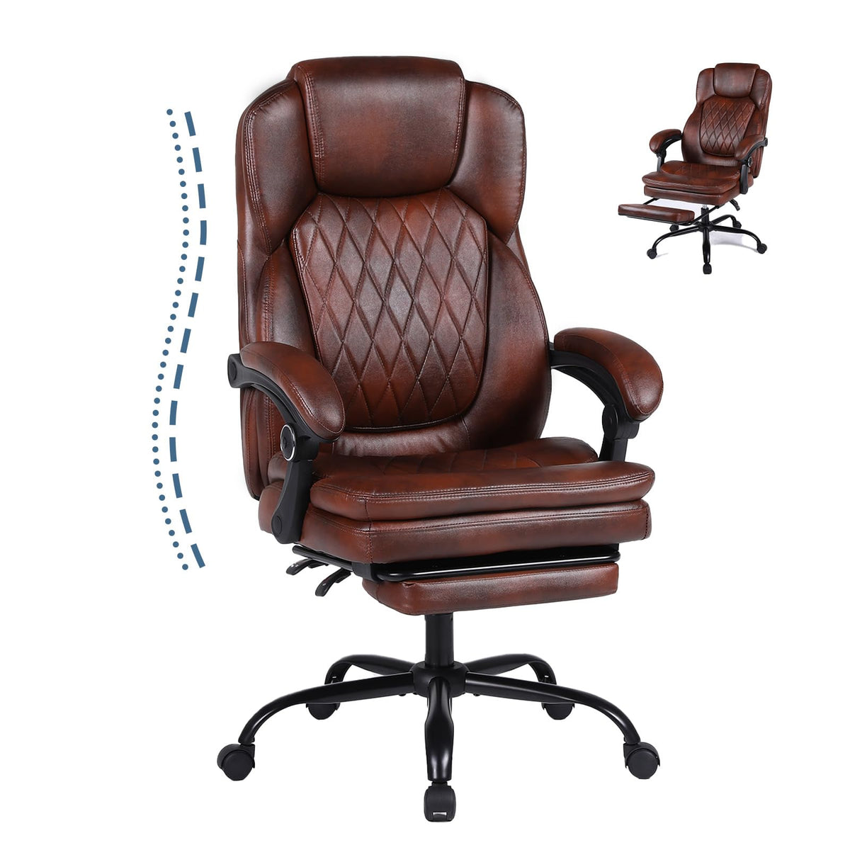 Big and Tall Brown PU Leather Reclining Office Chair with Foot Rest B770296