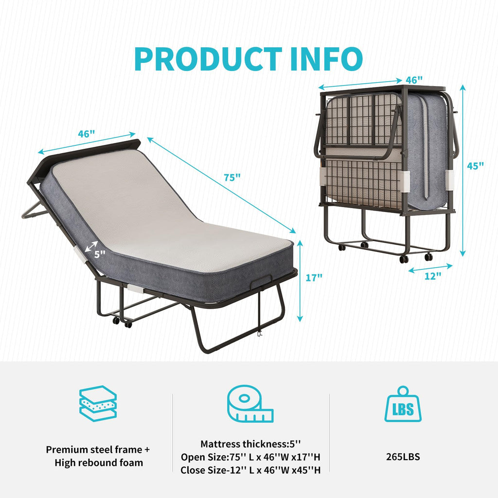 75" x 46" Folding Bed with 5" Memory Foam Mattress and Headboard M2906