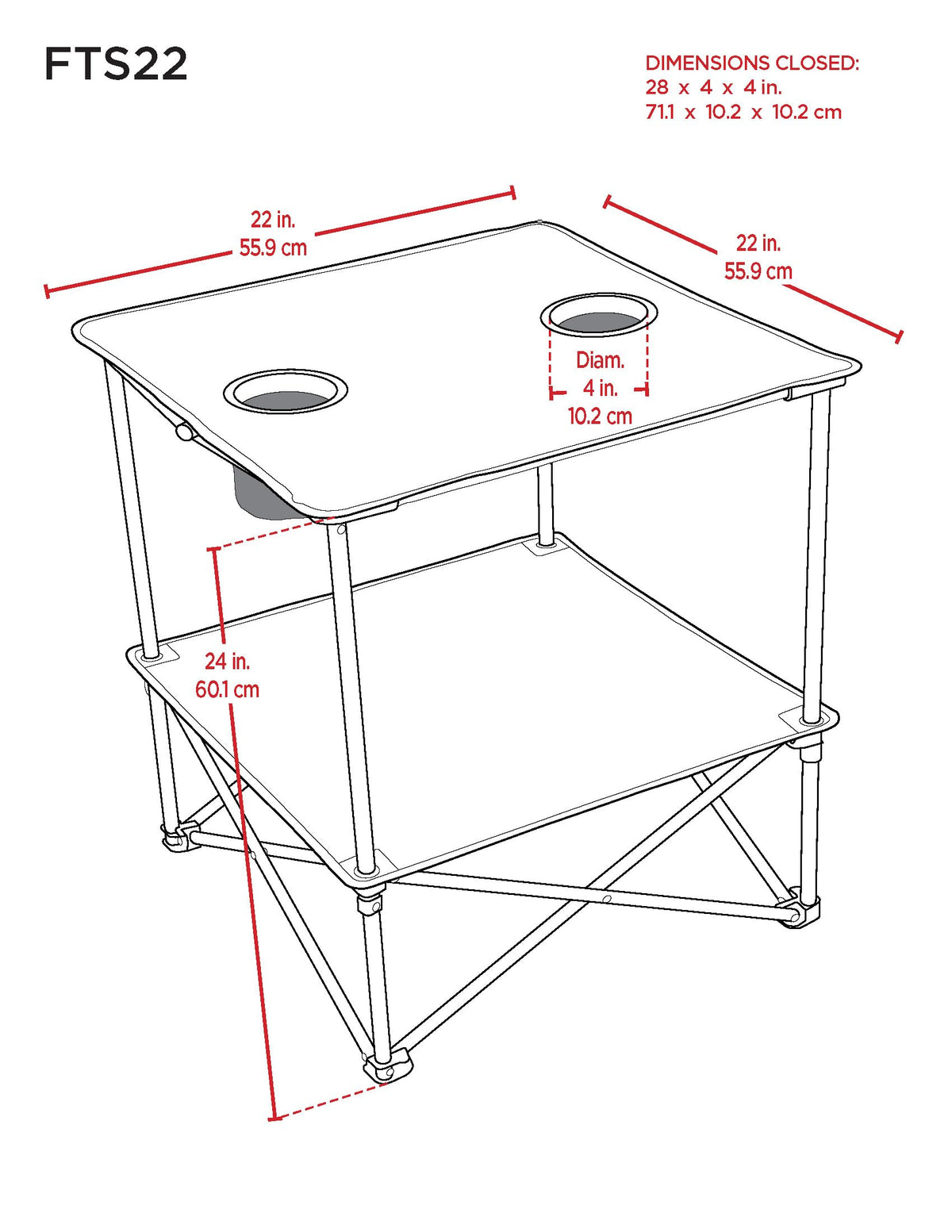 22” Square Compact Outdoor Folding Table with Cup Holders and Carry Bag R18777