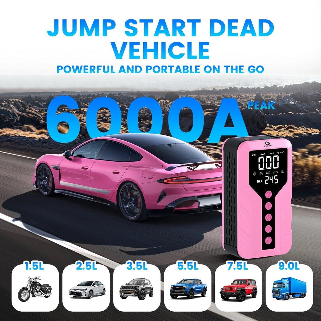 Deep Pink Lithium Ion 6000 Amps Peak Jump Starter with Air Compressor O63444