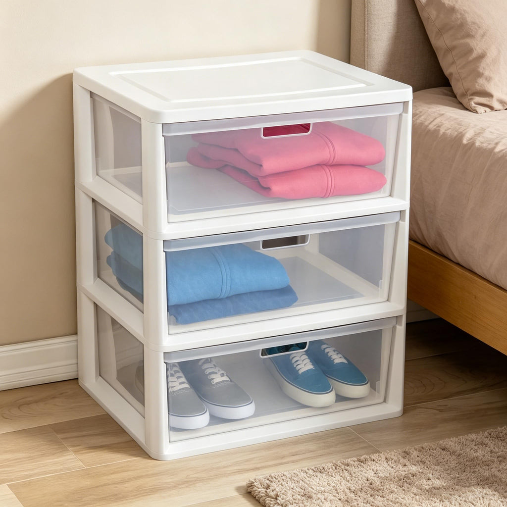 White 3-Drawer Plastic Storage Tower with Clear Bins B531846
