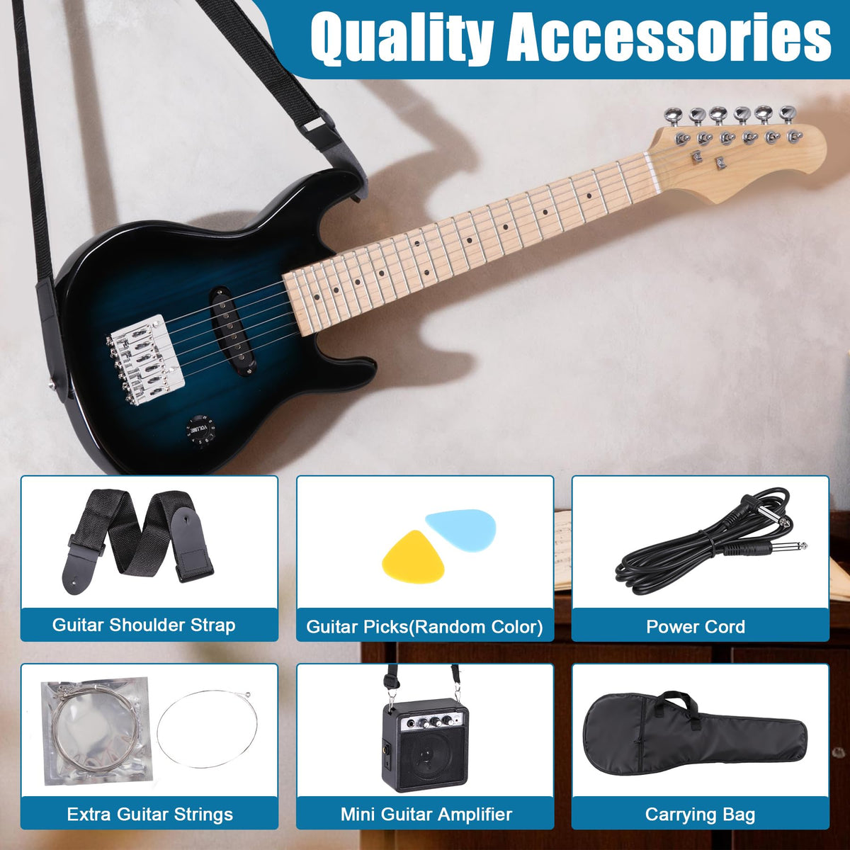 30" Blue Electric Guitar Beginner Kit with Amp and Bag A8365