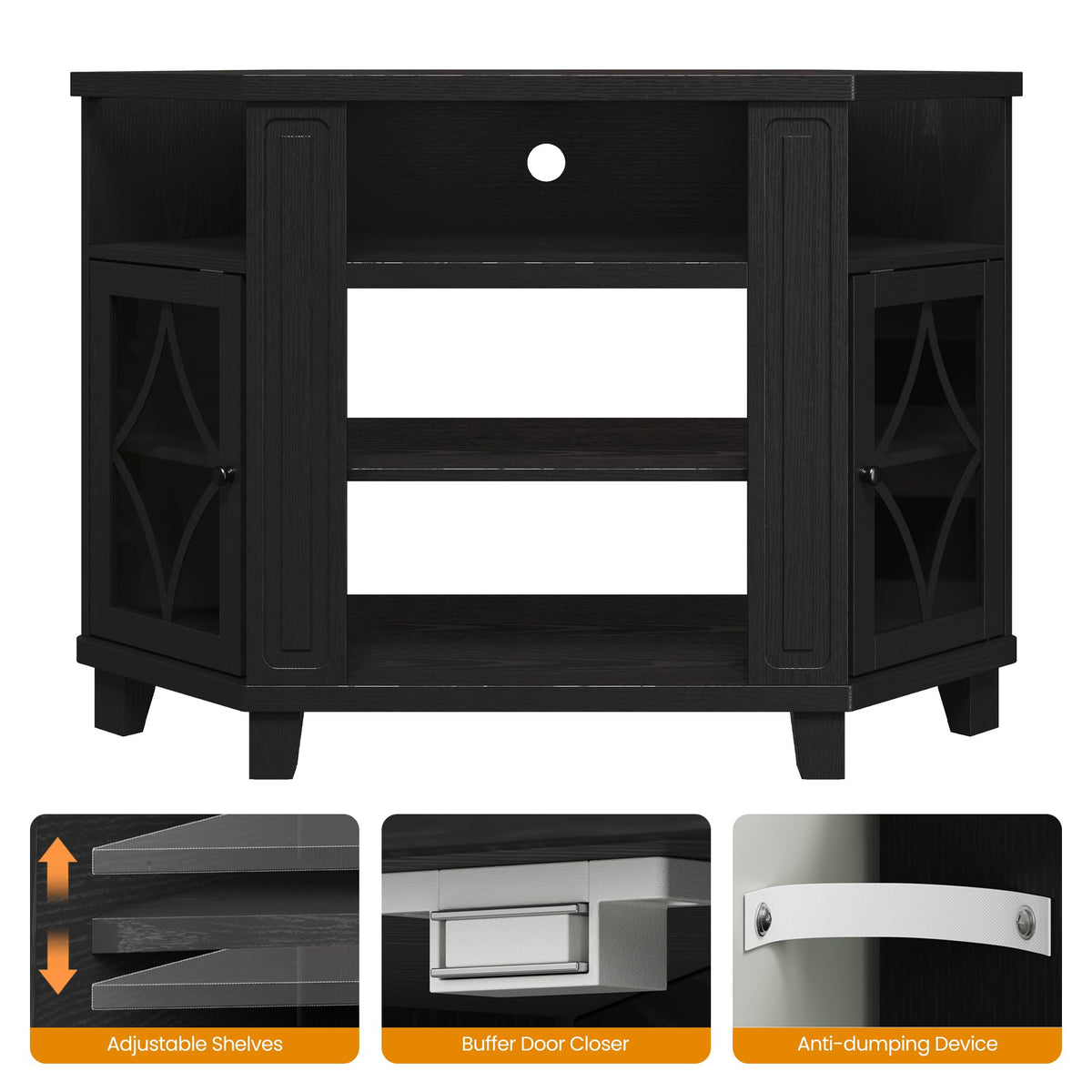 Corner TV Stand up to 55 Inch with Storage Wood Media Console Cabinet Satin Black T5784