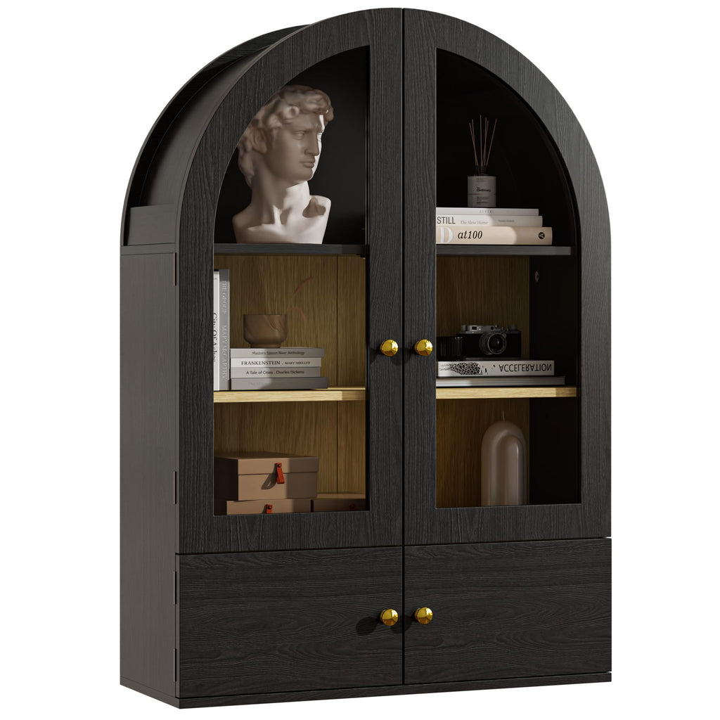 Black Arched Wall Mounted Cabinet with Glass Doors Y325379