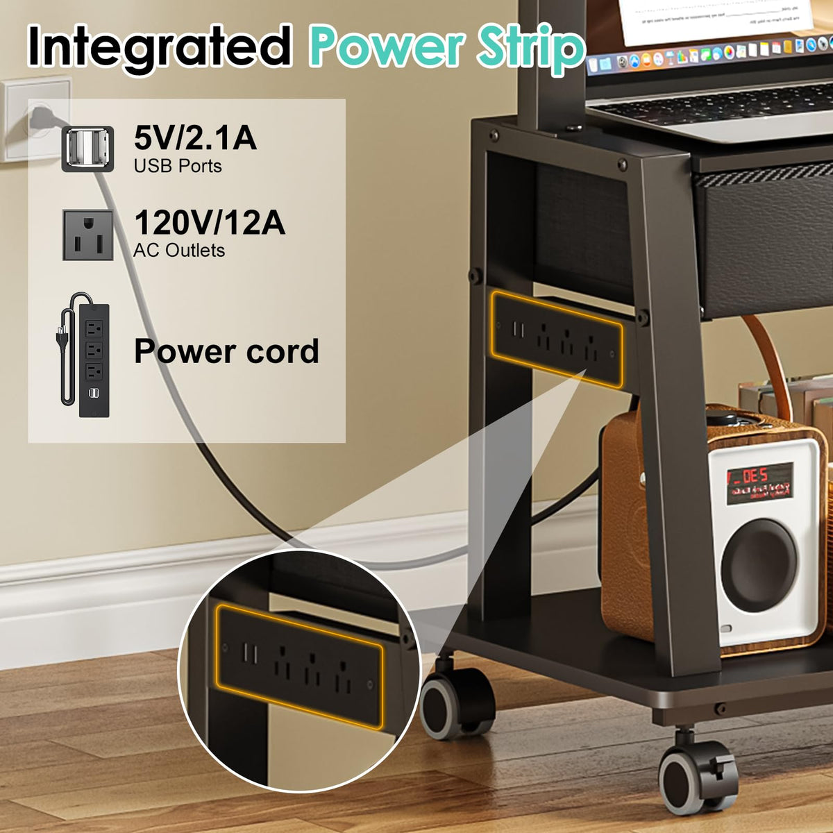 Rolling TV Stand with Power Outlet, Adjustable Height, for 23-60 inch Screens I703223
