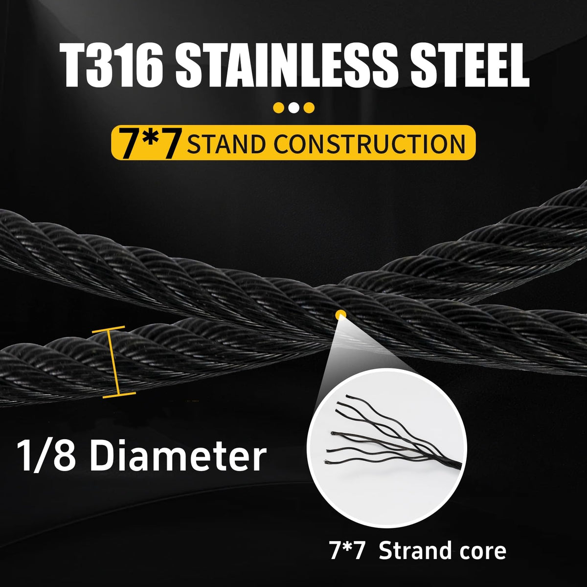 1/8" Black T316 Stainless Steel Cable Railing 600 FT 7x7 Wire Rope J5135