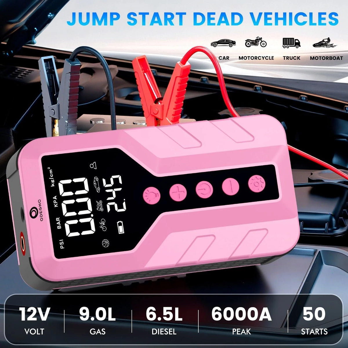 Deep Pink Lithium Ion 6000 Amps Peak Jump Starter with Air Compressor O63444