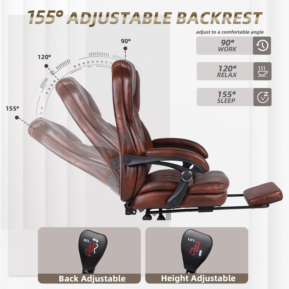 Big and Tall Brown PU Leather Reclining Office Chair with Foot Rest B770296