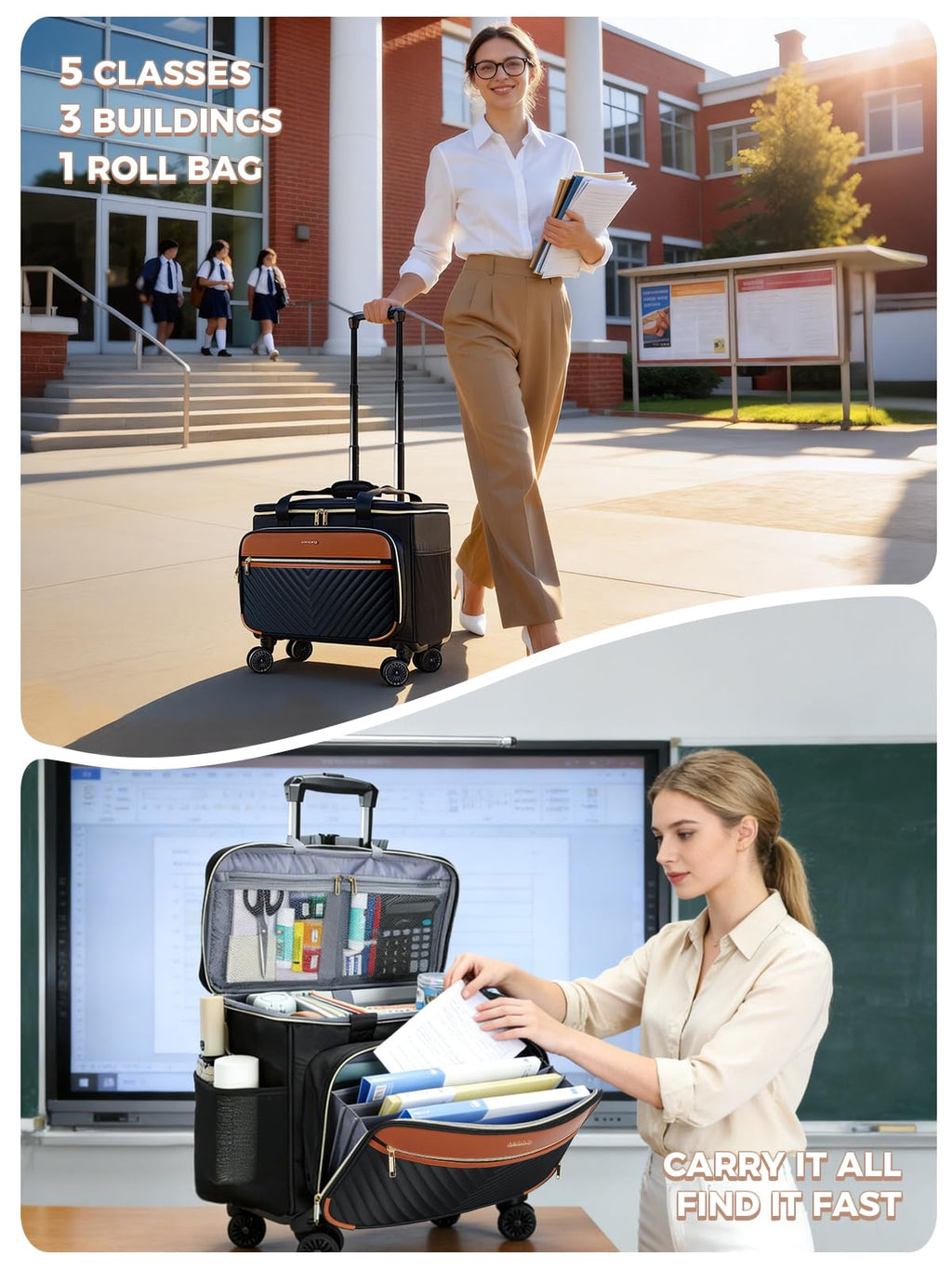 Rolling Teacher Bag with 4-Wheels 360° Spinner C2256
