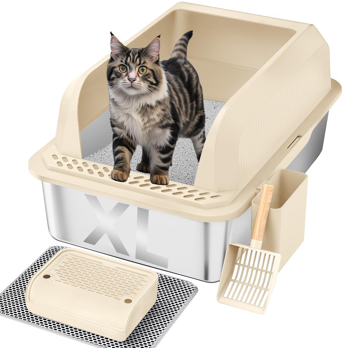 XL Stainless Steel Enclosed Cat Litter Box with Lid, Scoop and Mat V53029