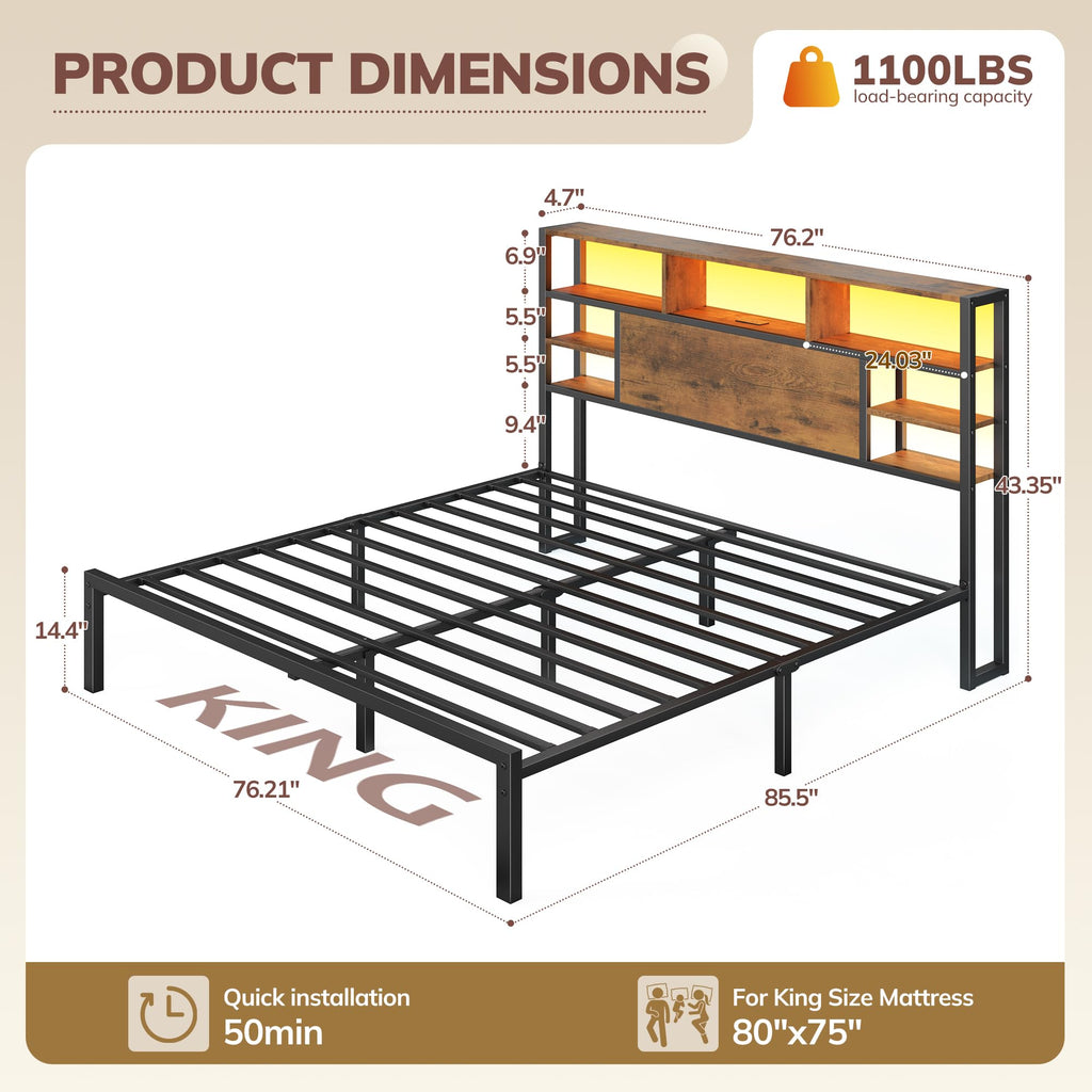 King Bed Frame with Storage Headboard and Charging Station S245527