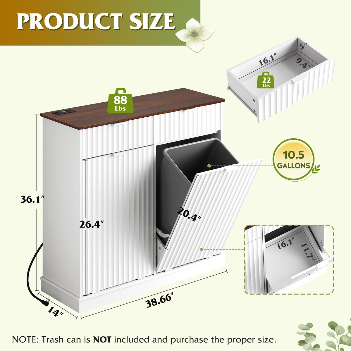 2*10 Gallon Double Tilt Out Trash Can Cabinet White J604848