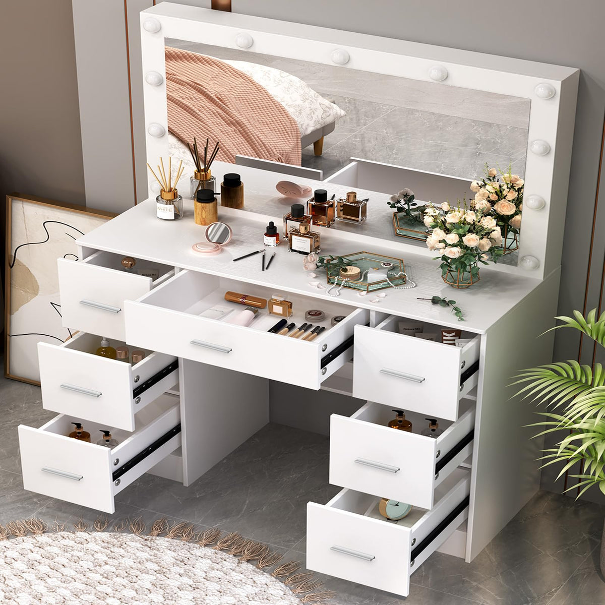 White 7 Drawer Vanity with Lights and Mirror V30819
