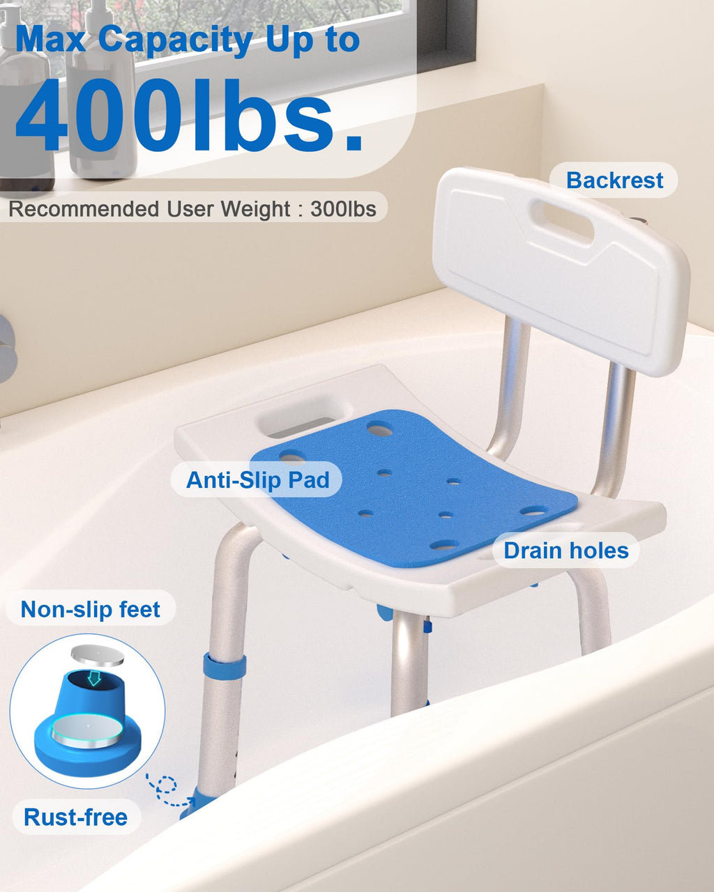 Heavy Duty Height Adjustable Shower Chair with Arms and Back B892