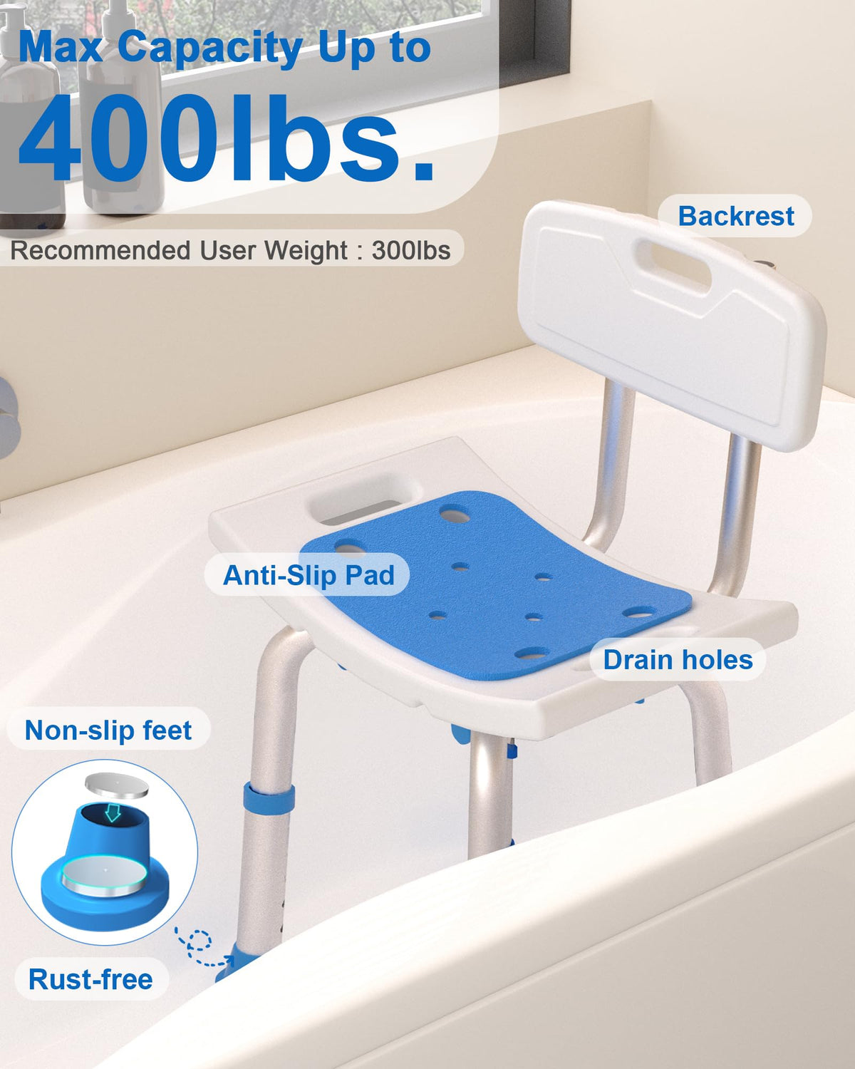 Heavy Duty Height Adjustable Shower Chair with Arms and Back B892