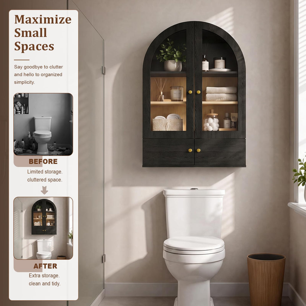 Black Arched Wall Mounted Cabinet with Glass Doors Y325379