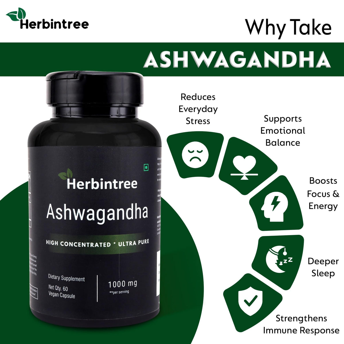 Ashwagandha 1000mg Vegan Non-GMO 60 Veg Capsules T96495