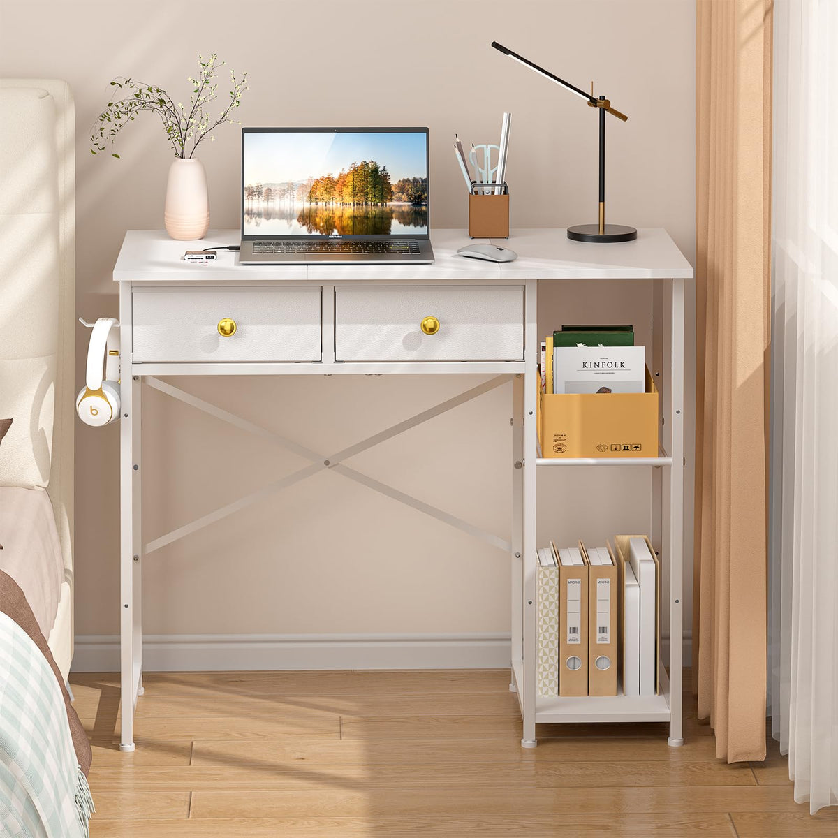 White 36 Inch Computer Desk with Drawers and Storage Shelves J2254
